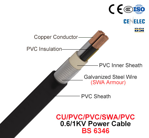 Cu/PVC/Swa/PVC, Steel Wire Armored Power Cable, 0.6/1 Kv, (BS 6346)