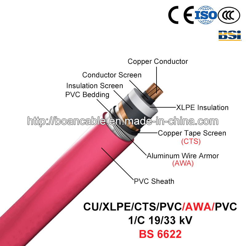  Cu/XLPE/CTS/PVC/Awa/PVC, Cable de alimentación, 19/33 Kv, 1/C (BS 6622)