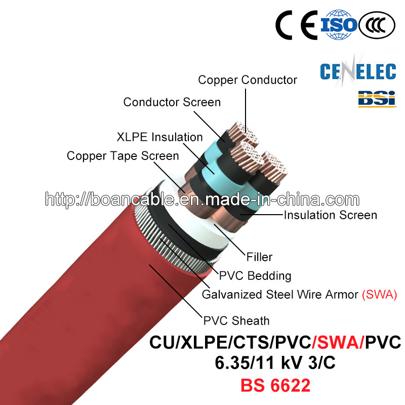 Cu/XLPE/Cts/PVC/Swa/PVC, Power Cable, 6.35/11 Kv, 3/C (BS 6622)