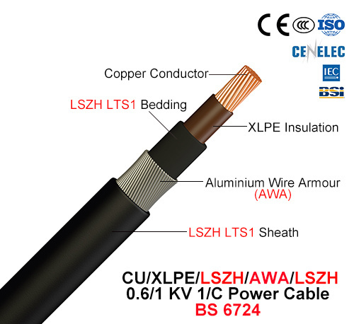 Cu/XLPE/Lszh/Awa/Lszh, 1/C Power Cable, 0.6/1 Kv (BS 6724)