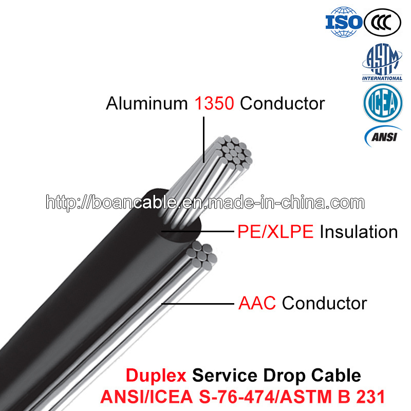 Duplex Service Drop Cable, 600 V, Al/XLPE or Al/PE with AAC Neutral, (ANSI/ICEA S-76-474)