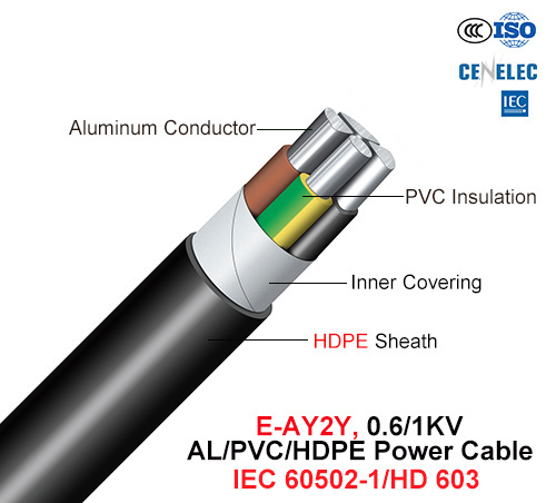  E-Ay2y, кабель питания, 0.6/1 КВ, Al и ПВХ/ПНД (HD 603/IEC 60502-1)