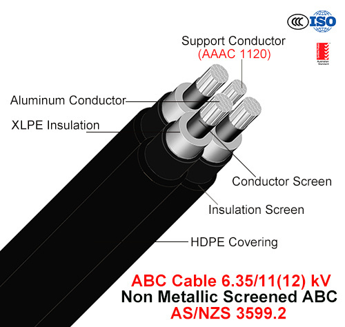  Hv ABC câble, antenne câble groupés, Al/XLPE/PEHD+AAAC, 3/C+1/C, 6.35/11 Kv (AS/NZS 3599.2)