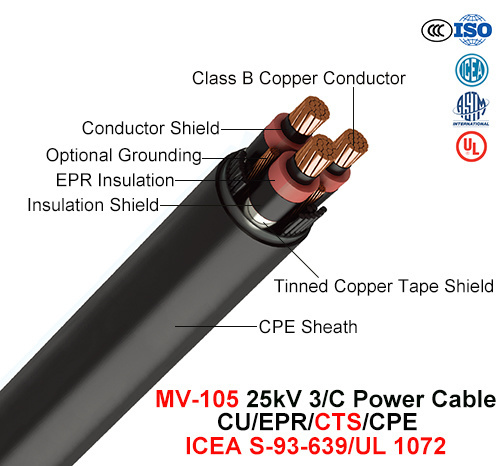  Mv-105, câble d'alimentation, 25 KV, 3/C, Cu/EPR/CTS/CPE (ICEA S-93-639/NEMA WC71/UL 1072)