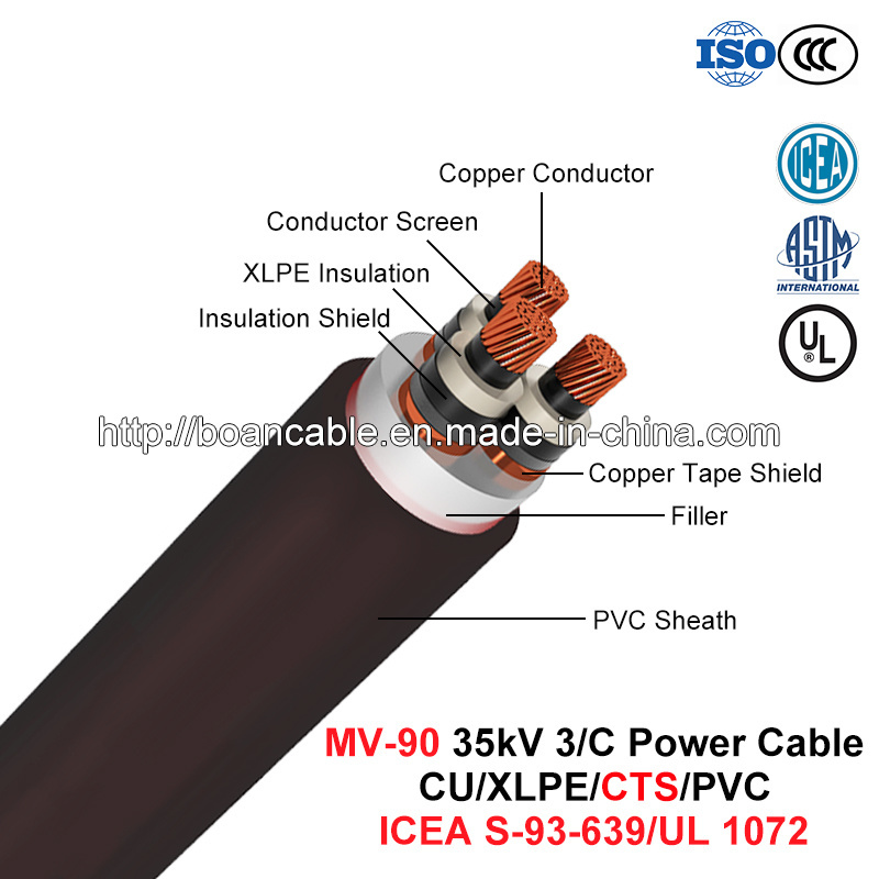  Mv-90, Copper Tape Shield Power Cable, 35 chilovolt, 3/C, Cu/XLPE/Cts/PVC (ICEA S-93-639/NEMA WC71/UL 1072)