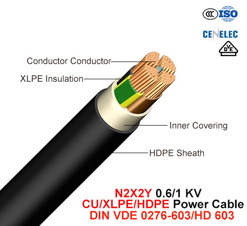 N2X2y, Power Cable, 0.6/1 Kv, Cu/XLPE/HDPE (DIN VDE 0276-603/HD 603)