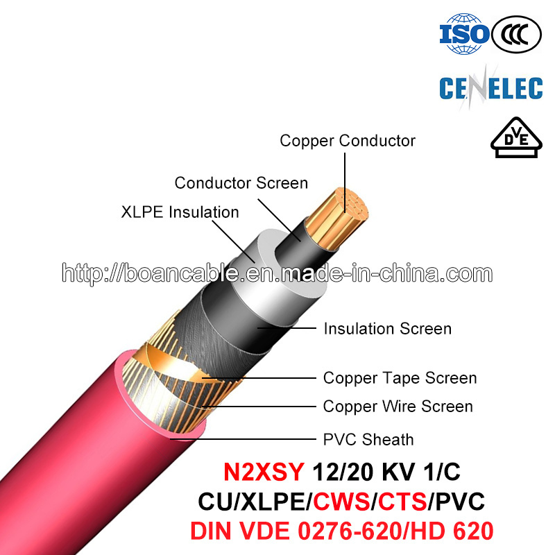  N2xsy, Power Cable, 12/20 di chilovolt, 1/C, Cu/XLPE/Cws/PVC (HD 620 10C/VDE 0276-620)