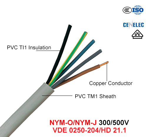 Nym, Electric Wire, 300/500 V, Cu/PVC/PVC Cable (VDE 0250-204/HD 21.1)