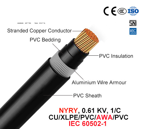Nyry, Power Cable, 0.6/1 Kv, 1/C, Cu/PVC/PVC/Awa/PVC (IEC 60502-1)