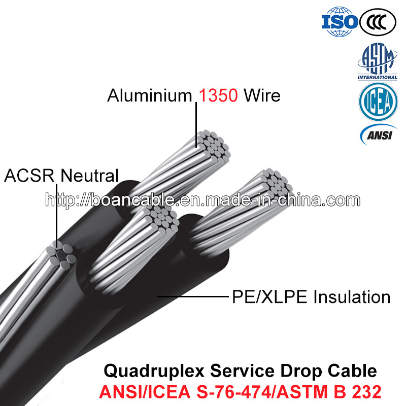  Quadruplex ACSR Service Câble de descente, neutre, 600 V torsadée Quadruplex (ANSI/l'ICEA S-76-474)