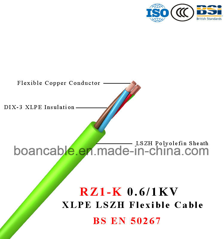  Rz1-K, BS EN 50267, XLPE LSZH Flexible Cable de alimentación, 0.6/1kv