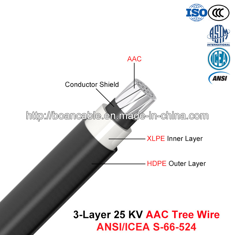Tree Wire Cable, Overhead Spacer Cable, 25 Kv, 3-Layer AAC (ANSI/ICEA S-66-524)