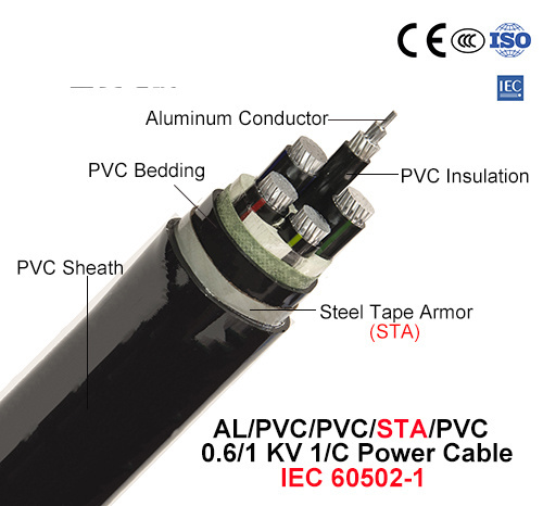  Al/PVC/sta/PVC, 0.6/1 Kv, câble d'alimentation d'armure de bandes en acier (IEC 60502-1)