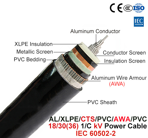  Al/XLPE/CTS/PVC/Awa/PVC, cabo de alimentação, 18/30 (36) Kv, 1/C (IEC 60502-2)