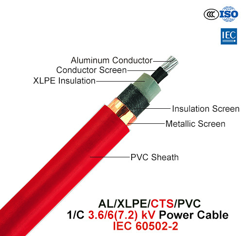  Al/XLPE/CTS/PVC, Cable de alimentación, 3.6/6 (7.2) Kv, 1/C (IEC 60502-2)