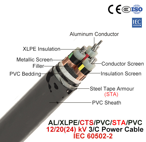  Al/XLPE/CTS/PVC/sts/PVC, câble d'alimentation, 12/20 (24) Kv, 3/C (IEC 60502-2)