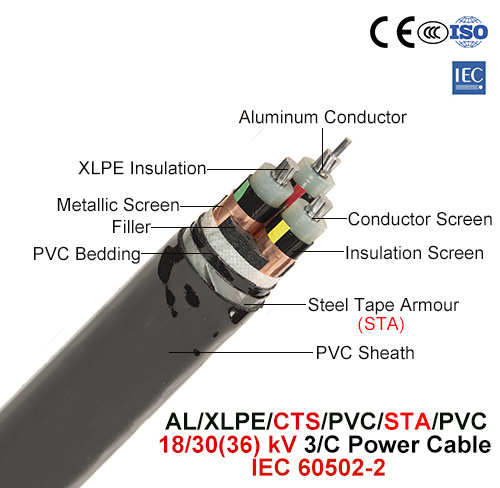  Al/XLPE/Cts/PVC/Sts/PVC, Power Cable, 18/30 (36) di chilovolt, 3/C (IEC 60502-2)