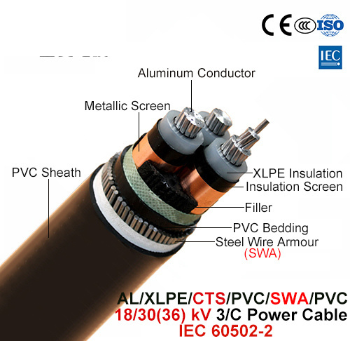  Al/XLPE/CTS/PVC/SWA/PVC, Cable de alimentación, 18/30 (36) Kv, 3/C (IEC 60502-2)