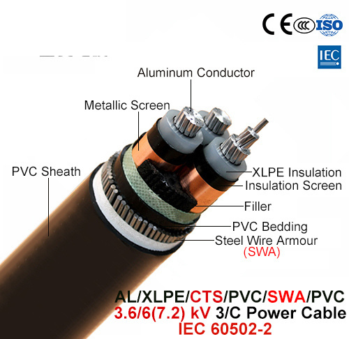  Al/XLPE/CTS/PVC/Swa/PVC, cabo de alimentação, 3.6/6 (7,2) Kv, 3/C (IEC 60502-2)
