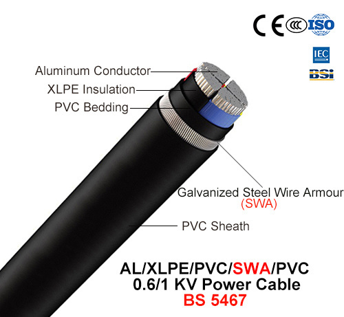  Al/XLPE/PVC/Swa/PVC, 0.6/1 Kv, fio de aço Armoued Cabo de Energia (BS 5467)