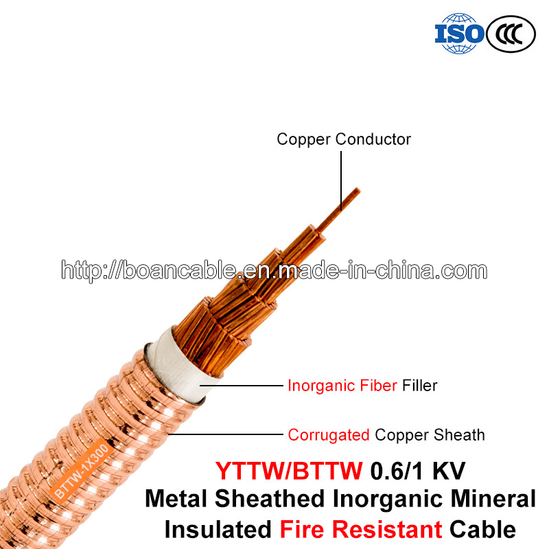  Bttw/Yttw, Cable Incendio-resistente, 0.6/1 chilovolt, 1/C, Inorganic Mineral Insulated Corrugated Copper Sheathed Cable