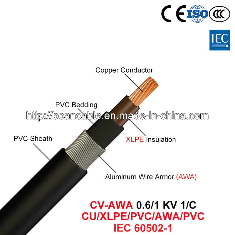  CV-Awa, Cable de alimentación, 0.6/1 Kv, 1/C, Cu/XLPE/PVC/Awa/PVC (IEC 60502-1)
