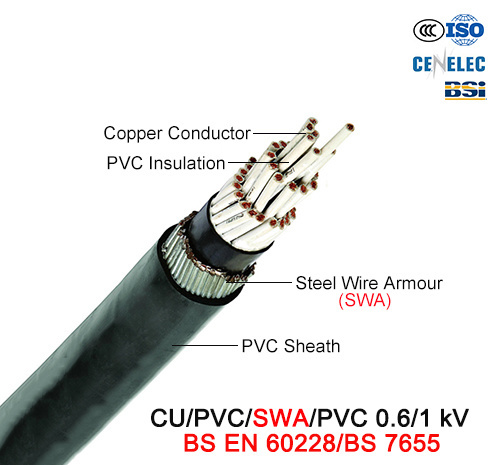  Cu/PVC/swa/PVC, câble de commande, 0.6/1 Kv (BS EN 60228/BS 7655)