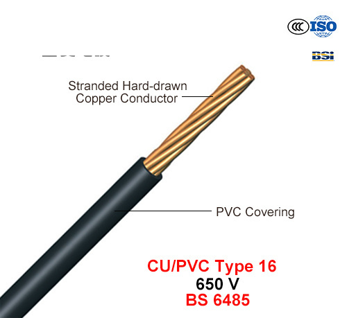  Tipo de PVC/Cu 16, PVC coberto condutores para as linhas aéreas de energia, 650 V (BS 6485)