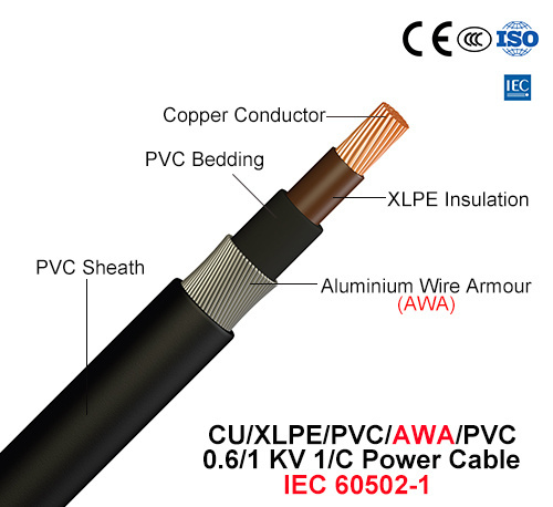  Cu/XLPE/Awa/PVC, 0.6/1 Kv, fil d'aluminium Armor 1/C (câble d'alimentation IEC 60502-1)