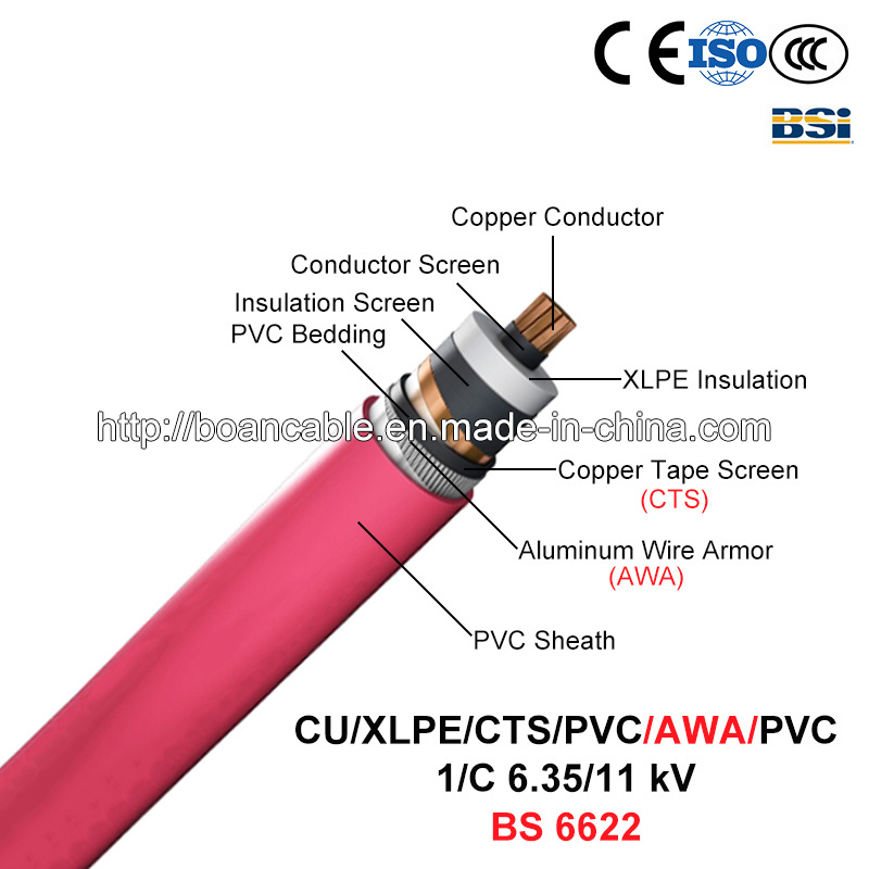  Cu/XLPE/Cts/PVC/Awa/PVC, Power Cable, 6.35/11 KV, 1/C (BS 6622)