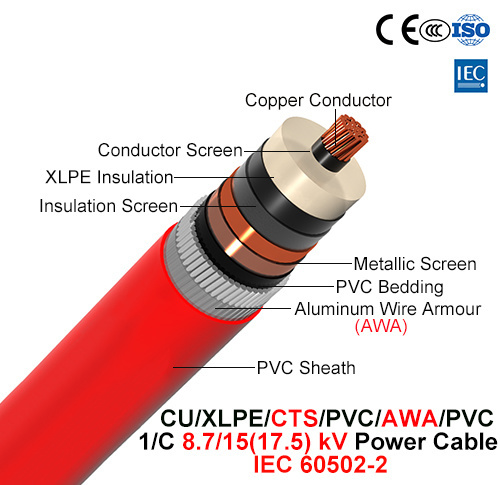  Cu/XLPE/CTS/PVC/Awa/PVC, câble d'alimentation, 8.7/15 (17,5), 1 KV/C (IEC 60502-2)