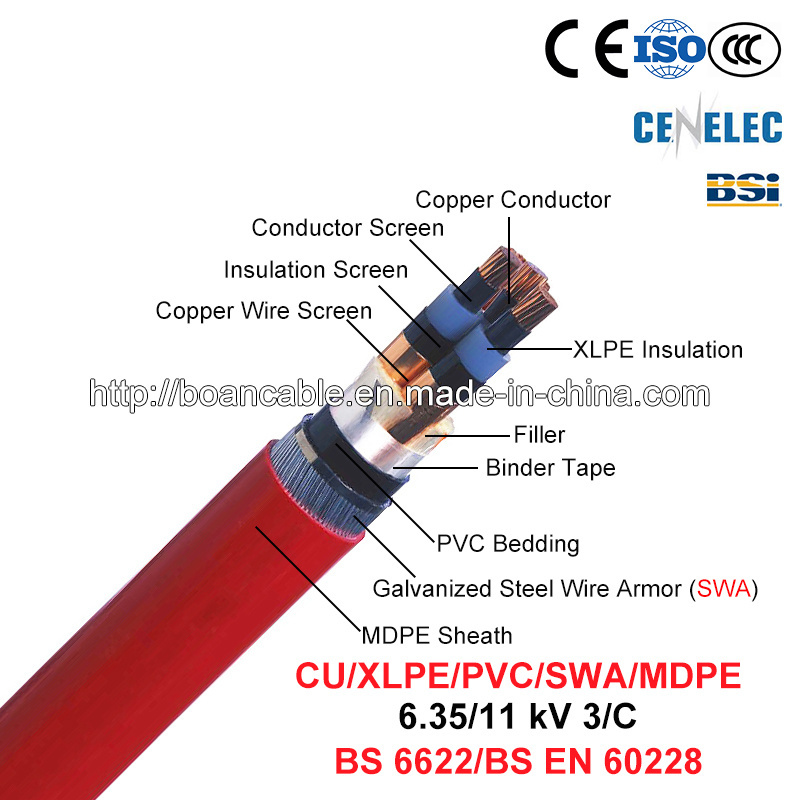  Cu/XLPE/Cts/PVC/Swa/MDPE, Power Cable, 6.35/11 chilovolt, 3/C (BS 6622)