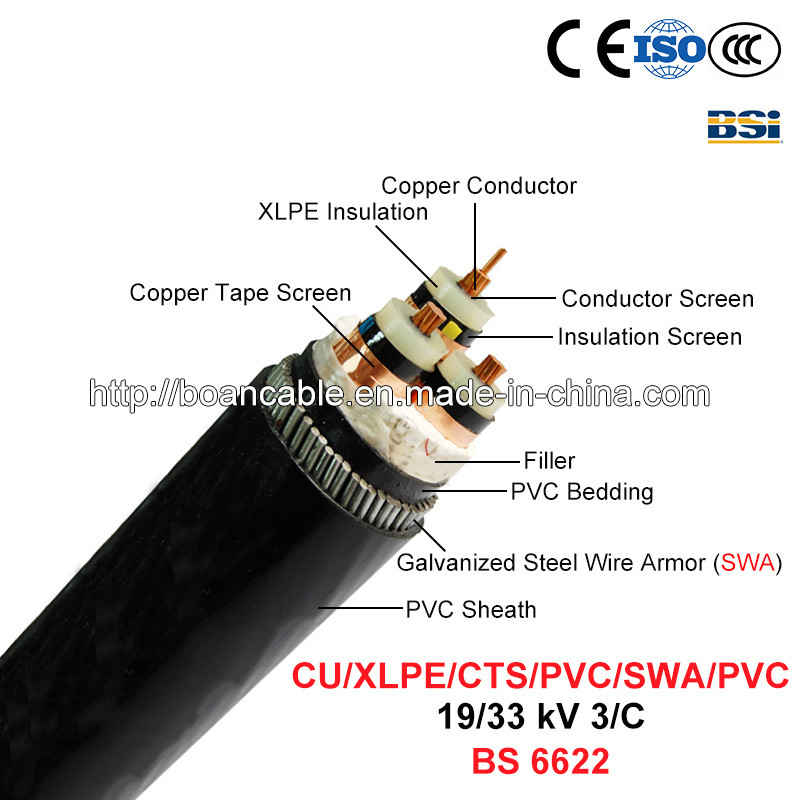  Cu/XLPE/CTS/PVC/SWA/PVC, Cable de alimentación, 19/33 Kv, 3/C (BS 6622)