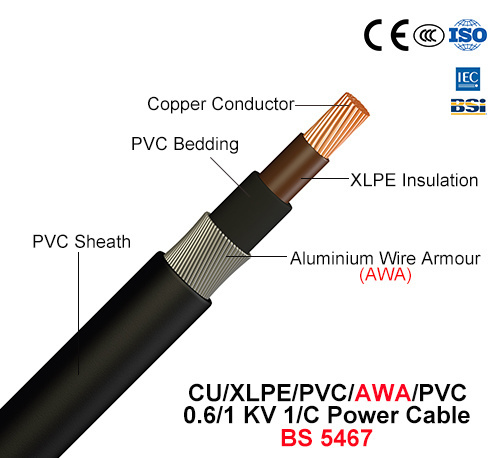  Cu/XLPE/PVC/Awa/PVC, 0.6/1 Kv, 1/C fios de alumínio Armored Cabo de Alimentação (BS 5467)