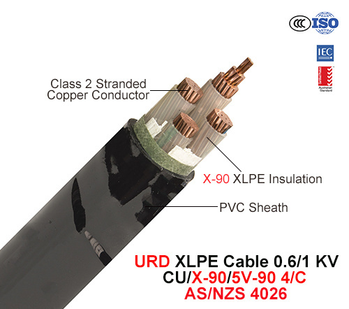  Cu/XLPE/PVC, URD, câble d'alimentation, 4 KV 0.6/1/C (AS/NZS 4026)