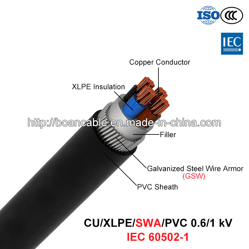  Cu/XLPE/Swa/PVC, 0.6/1 Kv, fio de aço Armored (SWA) Cabo de alimentação (IEC 60502-1)