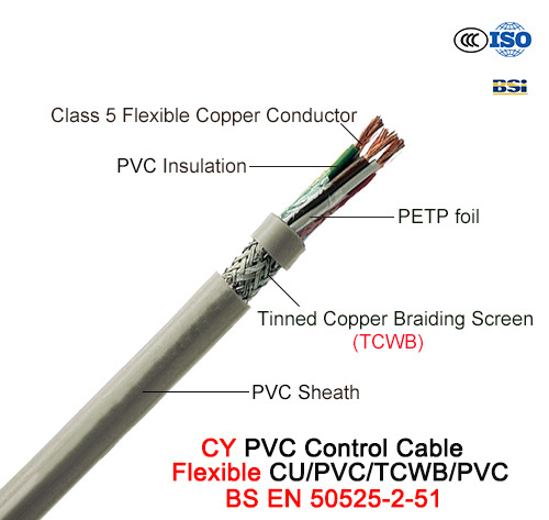  De Kabel van de Controle van pvc van CY, 300/500 V, Flexibele Cu/PVC/Petp/Tcwb/PVC (EN 50525-2-51 van BS)