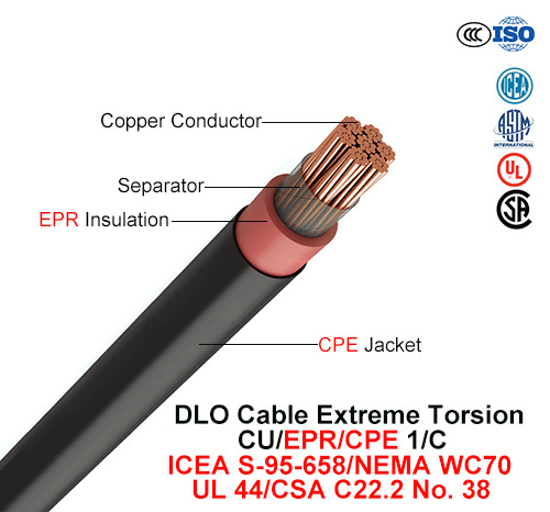  A DLO extremo do cabo de torção, 600-2000 V, 1/C, Cu/Epr/CPE (ICEA S-95-658/NEMA WC70/UL 44/CSA C22.2 nº 38)