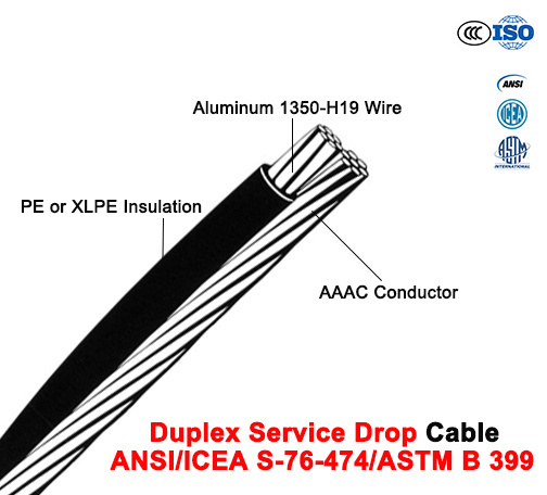  Service duplex Drop Cable con AAAC Neutral, Twisted 600 V Duplex (ANSI/ICEA S-76-474)