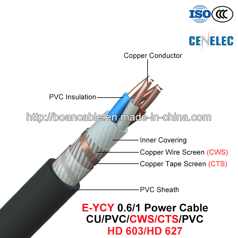  E-Ycy, LV, câble d'alimentation 0.6/1 Kv, Cu/PVC/CWS/CTS/PVC/HD (HD 603 627)