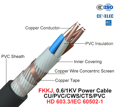  Fkkj, de Kabel van de Macht, 0.6/1 Kv, Cu/PVC/Cws/Cts/PVC (HD 603.3/IEC 60502-1)