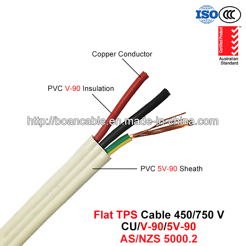  Vlakke TPS Kabel, de Kabel van de Macht van pvc, 450/750 V, Vlakke Kabel Cu/PVC/PVC (AS/NZS 5000.2)