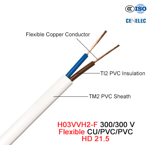  H03VVH2-F, fil électrique, 300/300V, souple Cu/PVC/PVC (HD 21.5)