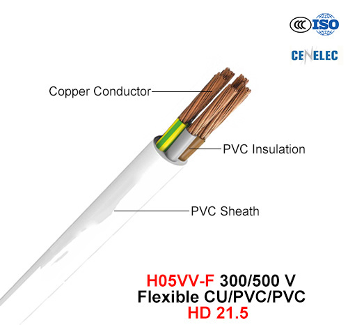  H05VV-F, fil électrique, 300/500 V, souple Cu/PVC/PVC (HD 21.5)