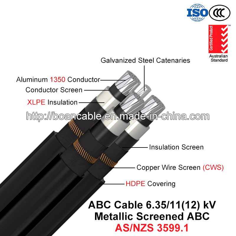  ABC Cable, Aerial Bundled Cable, Al/XLPE/Cws/HDPE+Gsw, 3/C+1/C, 6.35/11 chilovolt (AS/NZS 3599.1) di alta tensione