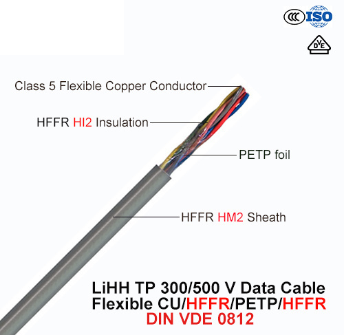  Lihh Tp, Cable de datos, 300/500 V, Flexible Cu/Hffr/Petp/Hffr pares trenzados (DIN VDE 0812)