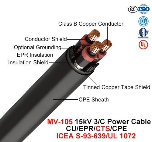 Mv-105, cable de alimentación, de 15 Kv, 3/C, Cu/EPR/CTS/CPE (ICEA S-93-639 WC/NEMA71/UL 1072)