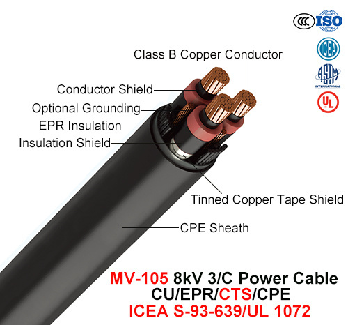  Mv-105, cable de alimentación, de 8 Kv, 3/C, Cu/EPR/CTS/CPE (ICEA S-93-639 WC/NEMA71/UL 1072)