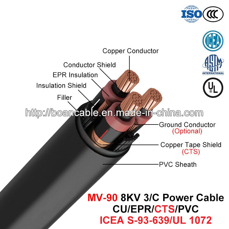  Mv-90, Cable de alimentación aislado de EPR, de 8 Kv, 3/C, Cu/EPR/CTS/PVC (ICEA S-93-639 WC/NEMA71/UL 1072)