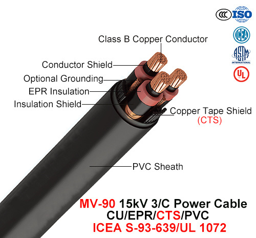 Mv-90, Power Cable, 15 chilovolt, 3/C, Cu/Epr/Cts/PVC (ICEA S-93-639/NEMA WC71/UL 1072)
